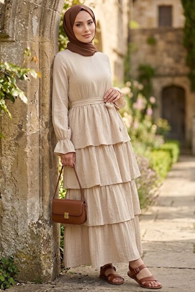 TOFİSA Ruffled Belted Dress Cream - 28649-Cream