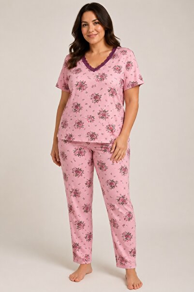 CottonVia Mother's Pajama Set, V-Neck, Purple Lace, Printed, Short Sleeve, 10...