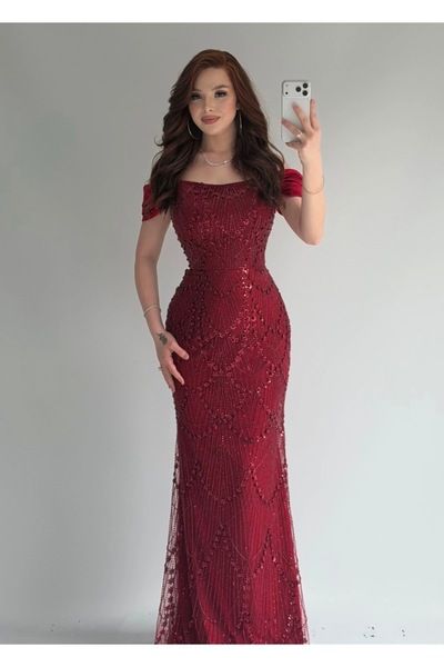 ayşenur Dinçer butik Taşlı Balon Kol Abiye Bordo