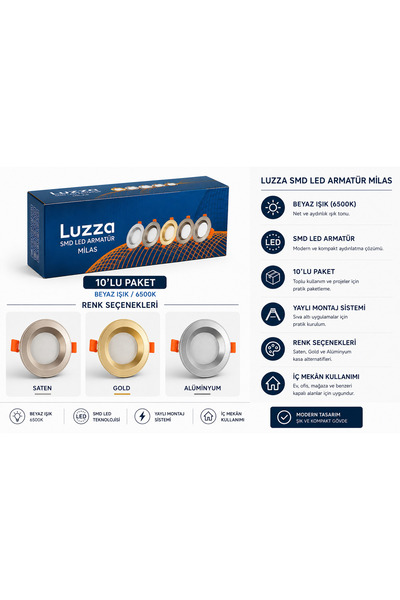 Luzza Milas 10’lu SMD LED Spot Armatür Seti – 6500K Beyaz Işık, Sıva Altı, Al...