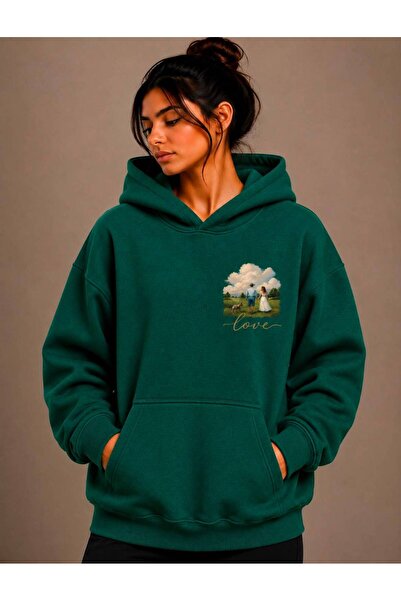 caddekombin Love Printed Hooded Green Sweatshirt with Kangaroo Pocket and Woo...