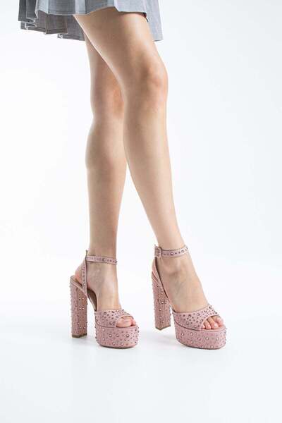 FOLLİNİ Women's Genuine Leather Platform Shoes with Stone Detail in Pink