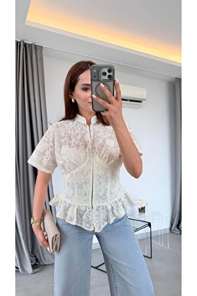 pelin yıldız butik Ekru Havana Dantel Korsajlı Bluz