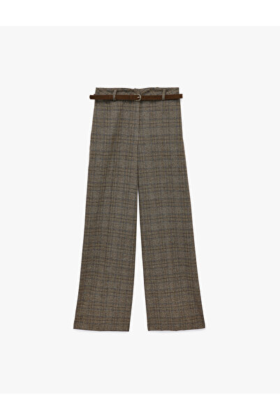 Koton Viscose Blended Pocketed Straight Wide Leg Belted Plaid Trousers