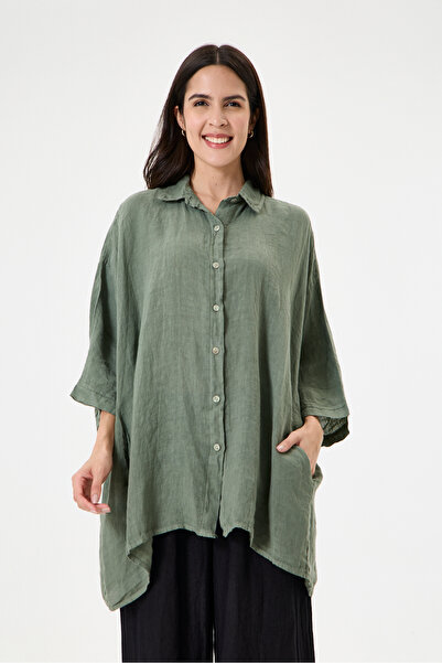 della moor Women's Khaki Italian 100% Linen Plus Size Poncho Linen Shirt Size...