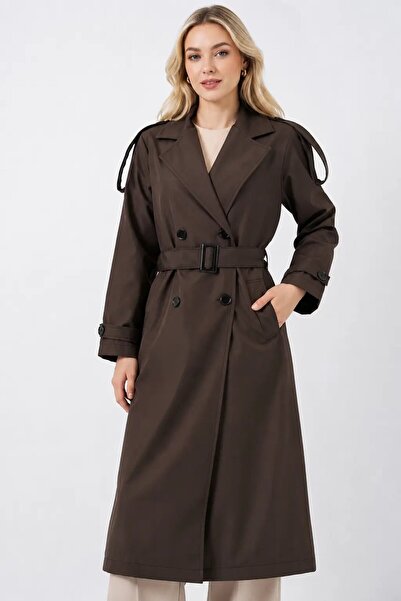 hazelin Women's Brown Double-Breasted Collared Lined Belted Seasonal Trench C...