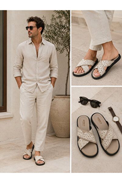 Papuccu Beige Men's Genuine Leather Slippers