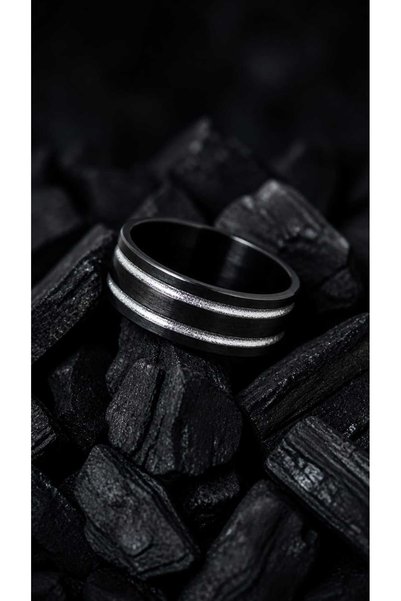 DM ONLINE Black Silver Stripe Hand Painted Epoxy Design Ring