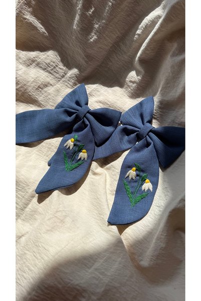 Generic Brand Indigo Blue Fabric Embroidered Bow Hair Clip |   Handmade Fabric Ribbon Buckle |   Girls & Women