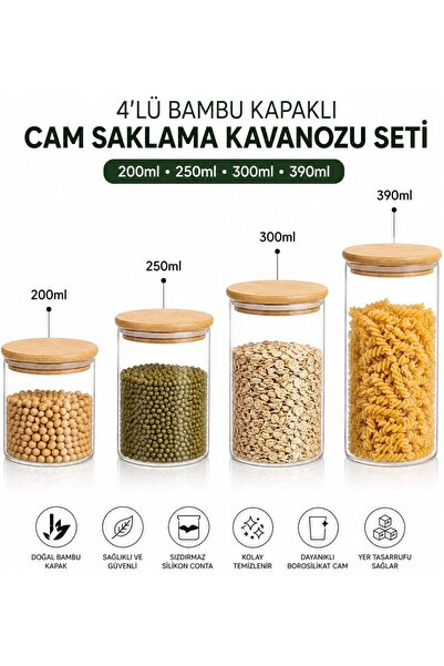 Yıldızan Pazaralanı Store Bamboo Lid Glass Storage Jar Set, 4-Piece, 200ml, 2...