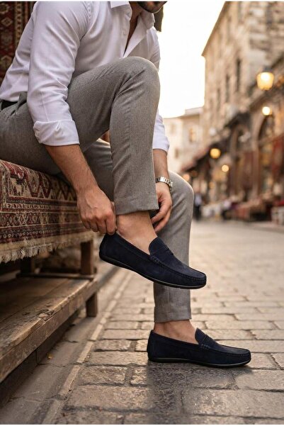 Mehmet Mete 31100 Navy Blue Suede Genuine Leather Loafer Men's Ballet Flats M...