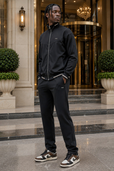 BESSA Black Stand-Up Collar Parachute Fabric Detailed Tracksuit Set with Zipp...