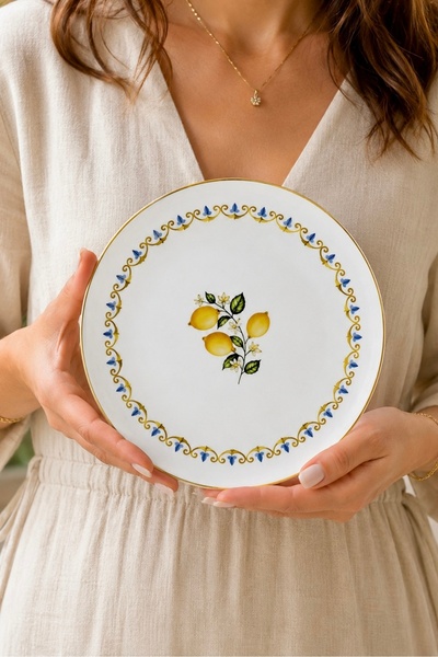 porselenden Lemoncello 6-Person 19 cm Lemon Patterned Porcelain Cake Plate Se...