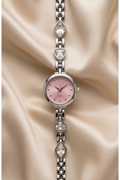 KLISHE Butik Women's Steel Watch Silver Color & Pink Dial Premium Stone Vinta...