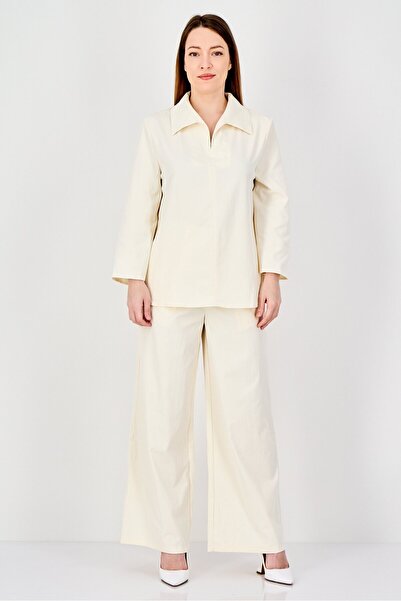 London Fog Women 2 Pcs Plain Shirt And Straight Pants Set, Cream