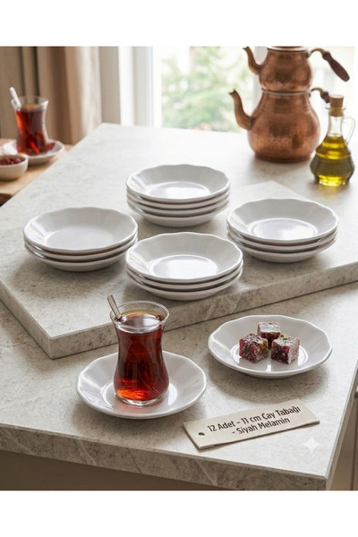 BİODATA Set of 12 Melamine Tea Plates - White 11 cm Oval Wavy Edge Coffee Ser...