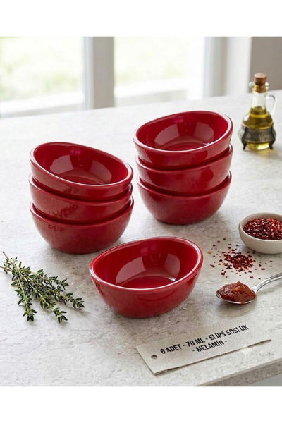 BİODATA 12 Pieces Red Ellipse Melamine Sauce Bowl - 70 ml Breakfast and Appet...