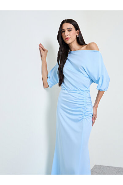 Styli Blue One-Shoulder Flared Maxi Dress