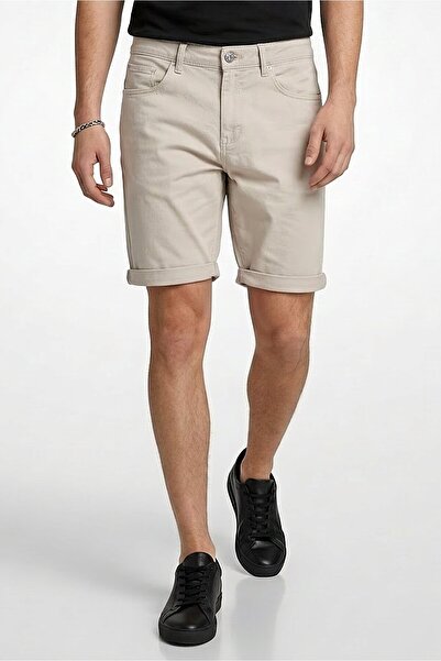 CELIO Men Solid Cuffed Hem Chino Shorts, Dark Beige