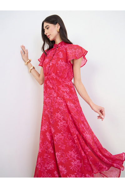 Styli Pink Floral Ruffle Sleeves A-Line Maxi Dress