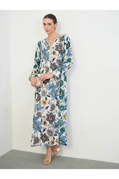 Amirah By Styli Floral Print Jalabiya with Gold Lace Trim