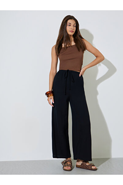 Styli Black Cotton Wide Leg Pants with Drawcord