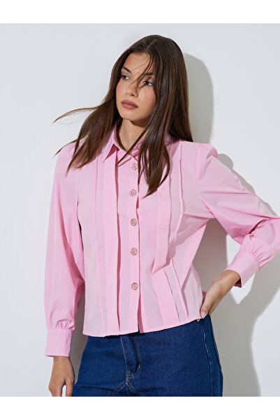 Styli Pink Fold Pleated Long Sleeve Shirt