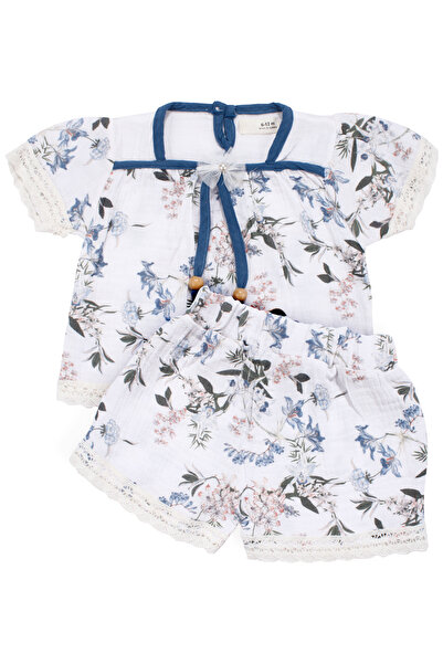 bebegen Baby Girl Ecru Blue Ribbed Floral Patterned Scalloped Muslin Shorts 2...