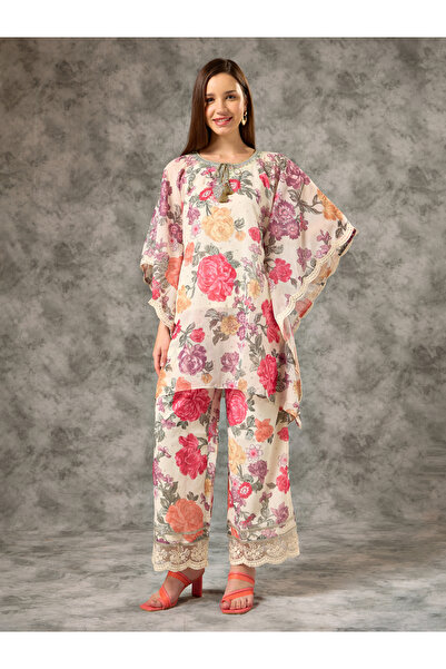 Silver Lime By Styli Off White Printed Zari Embroidered Detail Kaftan Co-ord Set