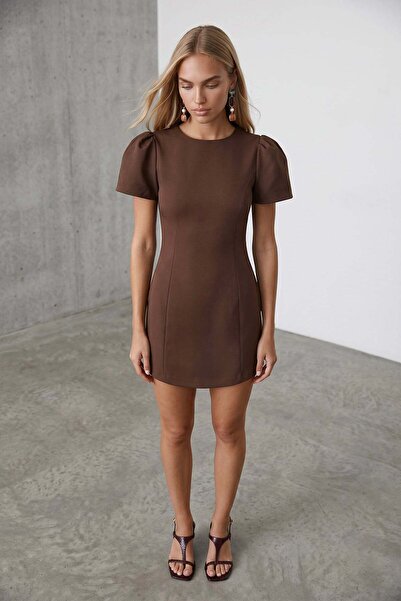 Trend Alaçatı Stili Women's coffee-colored mini woven dress with ruffled slee...