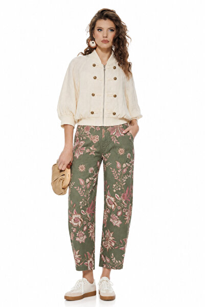 Fofy Blugi dama baloon premium olive cu imprimeu floral si talie inalta
