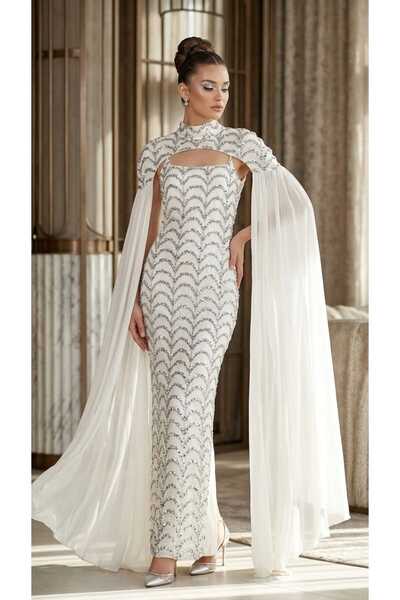 SERA Sequin Shell Patterned Evening Dress with Cape Sleeves