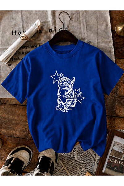 ZİYMO Women's Y2K Star Cat Printed Oversized T-Shirt Saksmavi̇ Saksmavi̇