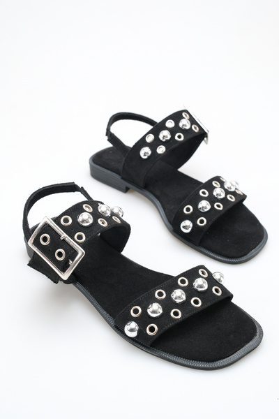 Ayakkabı Delisiyim Black Suede Women's Sandals with Staple Stone Accessories,...