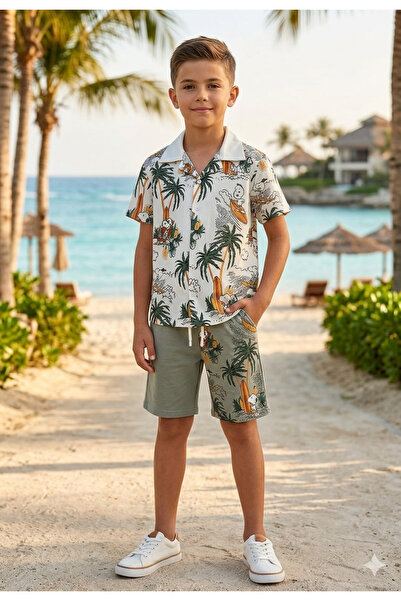 MODA Erkek Çocuk Tropikal Hawaii Desenli Gömlek ve Şort 2'li Yazlık Takım
