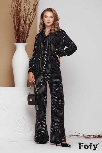Fofy Compleu dama elegant din vascoza premium camasa cu pantalon larg imprime...