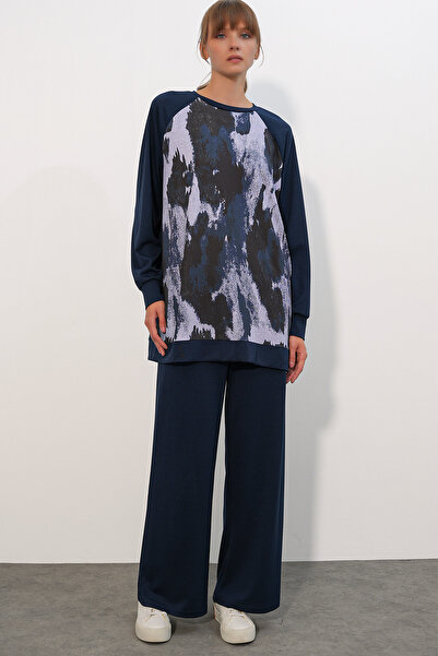 Bigdart Women's Patterned Oversize Tunic Trousers Double Set 55462 - Navy Blue