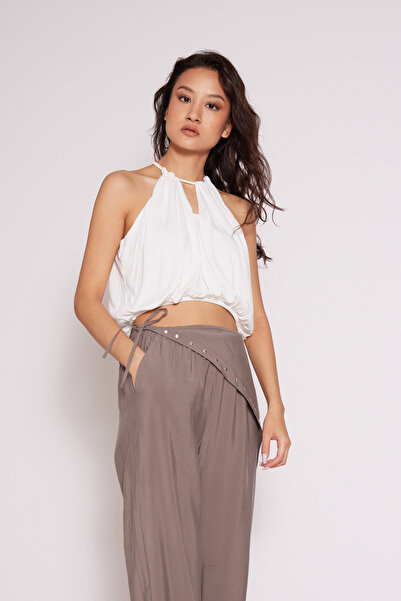 Nisan Halter Neck Balloon Crop Top with Window Detail Ekru