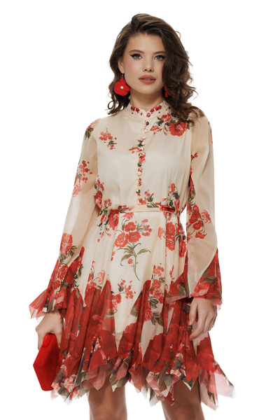 Fofy Rochie damă eleganta din voal imprimeu floral rosu si volane in colturi