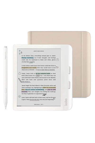 kobo Libra Colour Beyaz - Notebook Kılıf ve Beyaz Kalem Paketi - Kum Beji