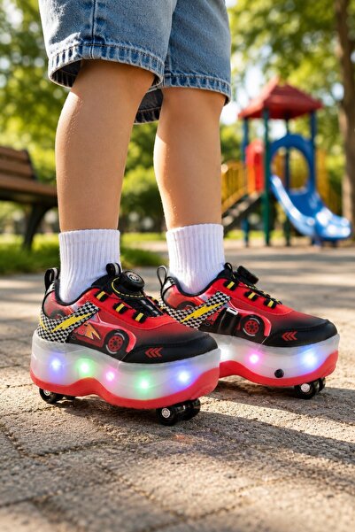 minibonito Çocuk Şarj Edilebilir LED Işıklı Paten Ayakkabı Düğmeli Açılır Tek...