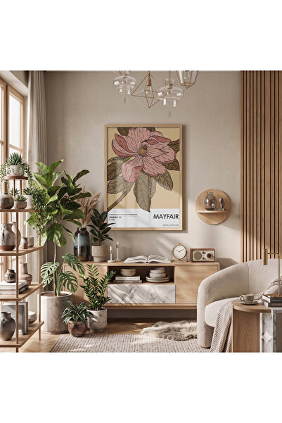 KOLAJTASARIM Ilustrație retro cu flori roz, tablou înrămat din lemn natural, ...