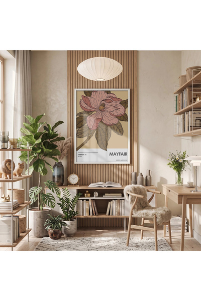KOLAJTASARIM Ilustrație retro cu flori roz, tablou înrămat în lemn alb, decor...