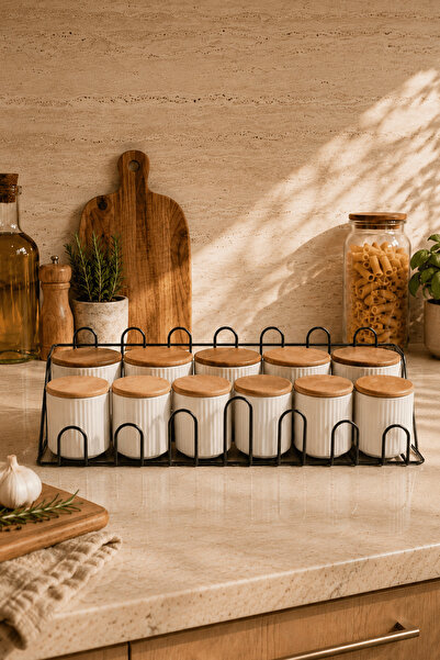 Edora Home طقم توابل فاخر من 11 قطعة مع حامل معدني أسود وغطاء خشبي أنيق، وعاء...