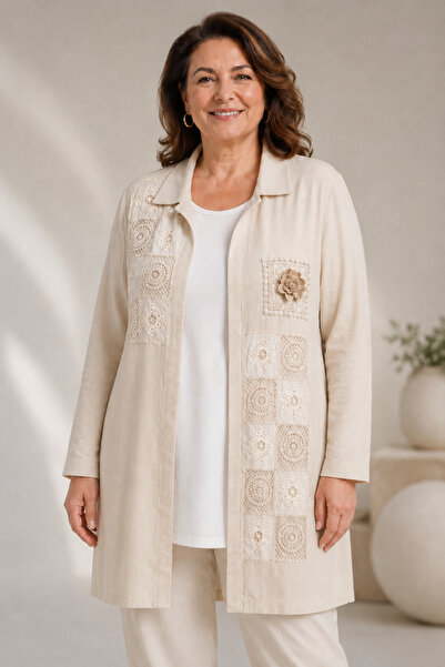 bihan store Women's Lace and Embroidery Detailed Linen Double Set 64655-Beige
