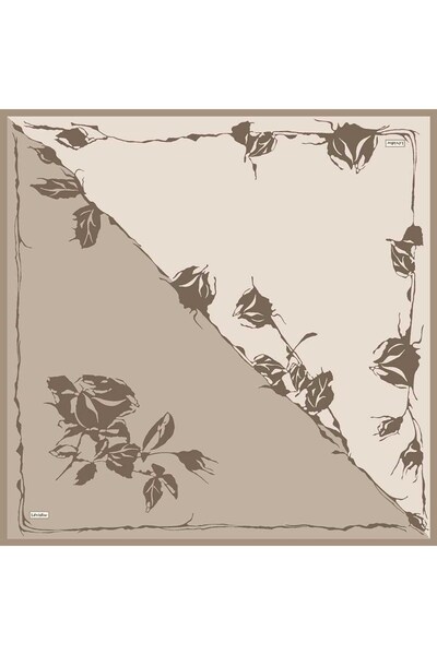 Levidor Beige Twill Silk Scarf with Floral Pattern on the Edges