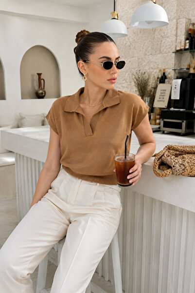 Rich Women's Milk Coffee Polo Collar Bat Sleeve 100% Cotton Knitwear Blouse