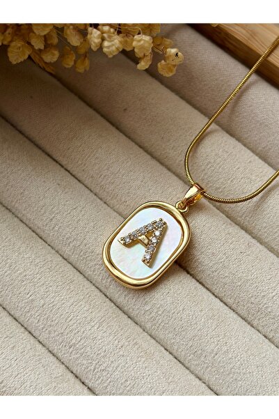 Tiştok accessory KADIN GOLD RERK ZİRKON TAŞLI SEDEFLİ HARF KOLYE ÇELİK ZİNCİR...