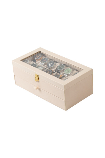 Güner Ofis 12 Drawer Leather Watch and Accessory Organizer Box with Glass Top...