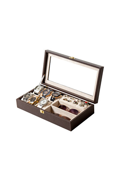 Güner Ofis Multi-Purpose Leather Jewelry, Watch, and Glasses Organizer Box wi...